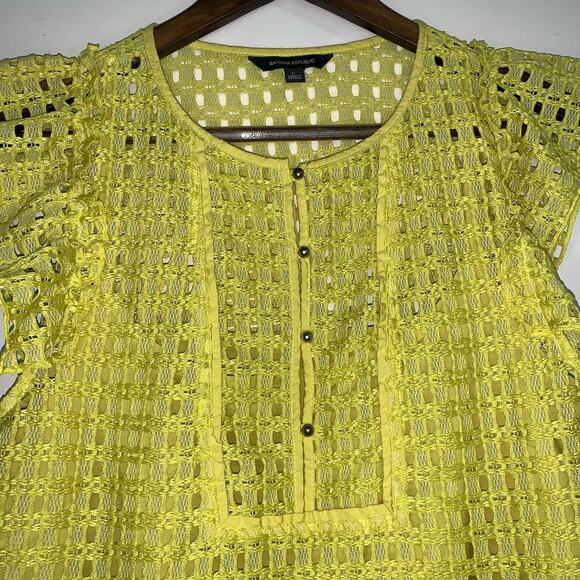 Banana Republic Geo Lace Ruffle Top Bright Celery Yellow Women Top Blouse Size L - Picture 2 of 13